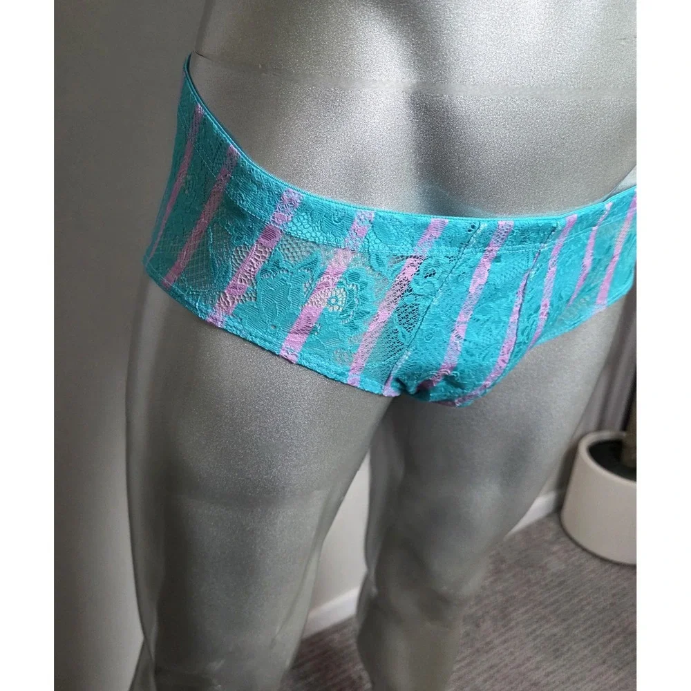 Cosabella Mens Never‎ Say Never Curvy Lace Brief Turquoise Lilac Striped Sheer M
